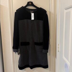 CHANEL Black and Gray Long Sleeve Dress